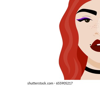 Vector illustration with half face of hipster girl with tattoo, birthmark, choker in flat style. Website avatar or fashion girl symbol.