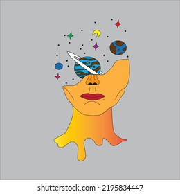 Vektorgrafik von Halbbild mit Sternen und Planeten. Farbige und ungewöhnliche flache Illustration. Aschenhintergrund und gelbe Kunst mischen. Cartoon-Elemente für kosmisches Design