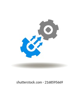 Vector illustration of half gear with arrows pointing towards the whole gear. Icon of transformation. Symbol of WIP Work In Process.