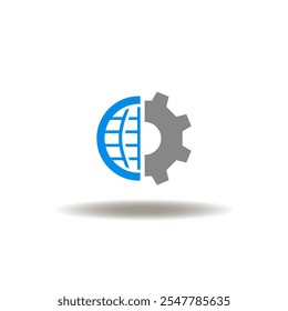 Ilustración vectorial de la mitad de la rueda dentada y el globo terráqueo. Símbolo de taller online. Icono de la educación moderna del Web. Signo de gestión empresarial corporativa.