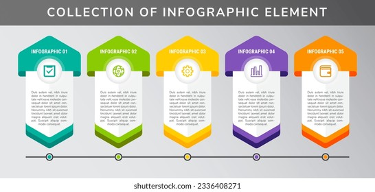 Vector illustration of half hexagon block infographic element. the design template five process or step for business presentation. isolated grey gradient background