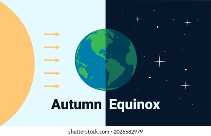 Vector illustration, half light half dark earth as autumn equinox, day and night equal 12 hours. Early autumn astronomy. Nights are longer than Days in the Northern Hemisphere.