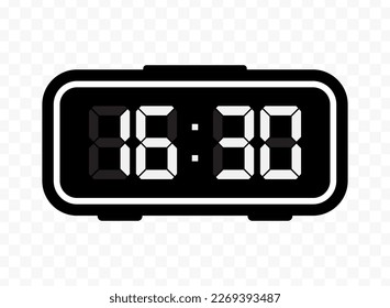 Vector illustration of half past sixteen digital clock icon sign and symbol. Black icon for website design .Simple design on transparent background (PNG).