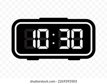 Vektorgrafik von halb über zehn Digitaluhr Symbol Zeichen und Symbol. Schwarzes Symbol für Website-Design. Einfaches Design auf transparentem Hintergrund (PNG).