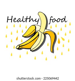 Vector illustration of half peeled banana isolated on a white background with yellow drops