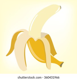 Vector illustration of half peeled banana isolated on a yellow background