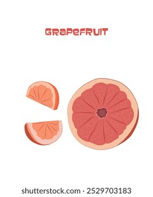 Vector illustration of half and sliced ​​grapefruit isolated on white. Flat fruit card with Strawberry inscription for cookbook, course, training, site, print. Vegetarianism, fruit diet, organic food