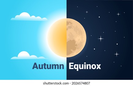 Vector illustration of half sun and half moon as autumn equinox, day and night equal 12 hours. Early fall astronomy. Nights become longer than Days in the Northern Hemisphere.	