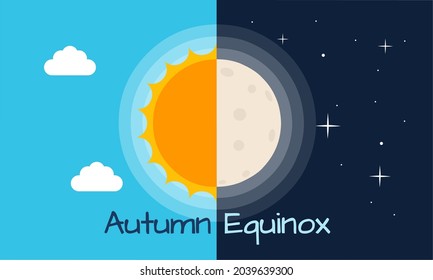 Vector illustration of half sun and half moon as autumn equinox, day and night equal 12 hours. Early fall astronomy. Nights become longer than Days in the Northern Hemisphere.	