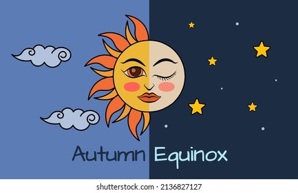 Vector illustration of half sun and half moon as autumn equinox, day and night equal 12 hours. Early fall astronomy. Nights become longer than Days in the Northern Hemisphere.