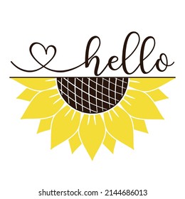 Vector Illustration With Half Of Sunflower And Quote Hello Isolated On White Background. Welcome Round Door Hanger For Decoration Home, Cute Farmhouse Summer Sign. 