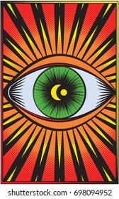 A vector illustration of a half toned green eye surrounded by red, yellow, and orange rays of light,  with  a crescent moon the center.  11x17 aspect ratio,  perfect  for poster prints. 