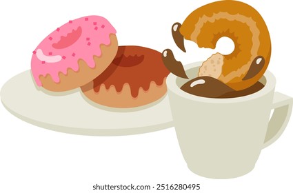 Ilustração vetorial de uma rosquinha meio comida sendo mergulhada em café e duas rosquinhas em um prato