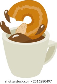 Ilustração vetorial de uma rosquinha meio comida mergulhada em café