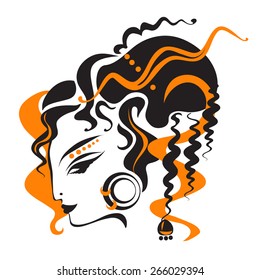 Vector Illustration half-face oriental ethnics woman with earrings, curls and mehndi, in black and orange colors