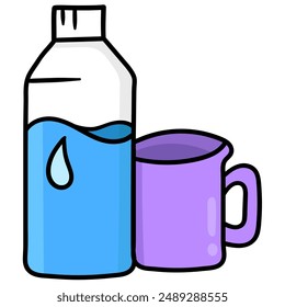 Una Ilustración vectorial de una botella medio llena con una gota de agua y una taza morada