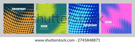 Vector illustration. Halftone colored dotted background set. Design for social media, advertisement, web banner, blod post, marketing, sale. Vibrant, faded dots. Retro geometric banners collection.