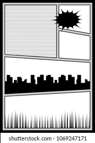 Vector Illustration Halftone Dot Mockup For Comic Text. Silhouette City Boom Explosion. Speech Bubble Balloon. Comics Book Monochrome Template Background. Pop Art Black White Empty Backdrop Mock Up.