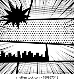 Vector Illustration Halftone Dot Mockup For Comic Text. Comics Book Monochrome Template Background. Pop Art Black White Empty Backdrop Mock Up. Silhouette City Boom Explosion. Speech Bubble Balloon.