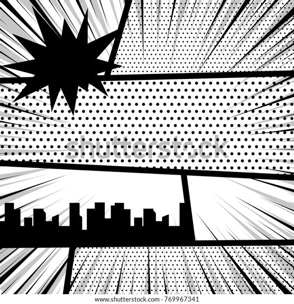 コミックテキスト用のベクターイラスト網点モックアップ コミックブックのモノクロテンプレート背景 白黒の空の背景にポップアート のモックアップ シルエットシティブームの爆発 吹き出しバルーン のベクター画像素材 ロイヤリティフリー