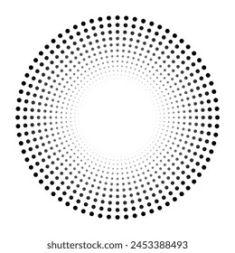 Vector illustration of halftone dots in radial form on white background.