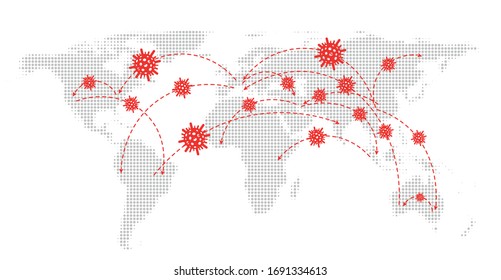 Vector illustration of halftone dotted earth map with covid-19 icons and arrows. Continents connected with red dotted line arrows.
