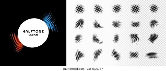 Vector illustration. Halftone dotted flowing elements. Pop art style. Faded dots bundle isolated on white background. Collection of geometric shapes. Design for poster, layout, cover, frame, flyer, ad