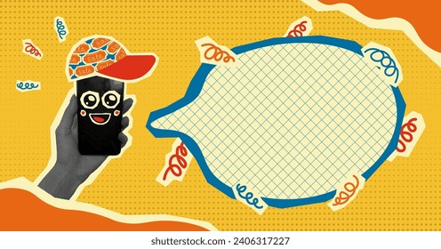 Vector illustration with halftone elements for decoration of advertising or events. Retro banner concept with cut out paper elements. Collage with empty space.