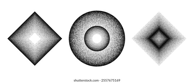 vector illustration halftone geometric shapes set: gradient diamond, circular, and rhombus designs in monochrome, exploration of geometric forms and texture.