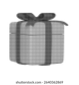 Vector illustration of a halftone gift box with ribbon, perfect for festive designs, celebrations, and holiday marketing. Trendy retro dotted style for versatile use.