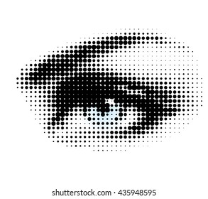 Vector illustration of halftone human eye on white background.