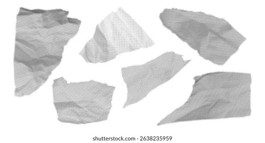 Vector illustration of halftone paper scraps. Retro comic effects with a featuring dots. Abstract sheets for design and scrapbooking. Crumpled paper with torn edges. Set of illustrations.