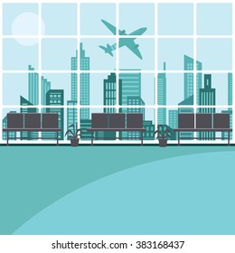 Vector illustration of the hall of the airport with a big window through which it is possible to see buildings, the sky and the plane