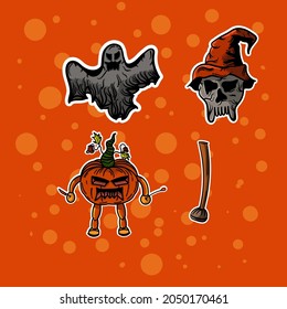 Vector illustration of Halloween with 4 drawing objects and orange background.