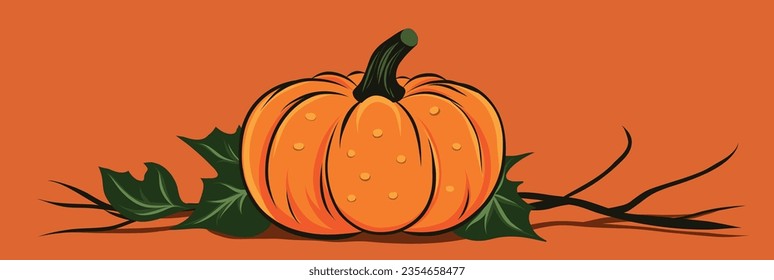 Vector illustration of halloween autumn pumpkin and leaves on orange background