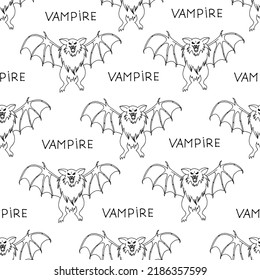 Vektorgrafik eines halloween Hintergrunds mit wütender Vampirfledermaus mit großen Fangzähnen und Klauen auf den Flügeln mit Inschrift Vampire. Halloween-Konzept. Umhüllungspapier auf Halbzeug.