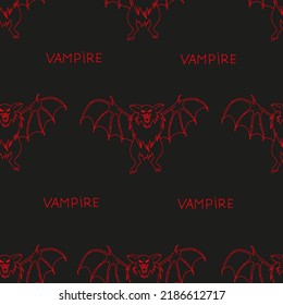Ilustración vectorial de un fondo de halloween con murciélago vampiro enojado con grandes colmillos y garras en las alas con inscripción vampiro. Concepto de Halloween. Papel envuelto en Halloween.