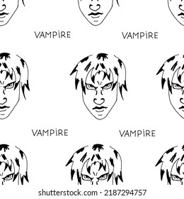 Vector illustration of a halloween background with angry vampire man drawing black color on white paper with inscription vampire. Halloween concept. Wrapping paper on halloween.