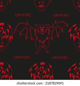 Vector illustration of a halloween background with angry vampire man and bat drawing red color on black paper with inscription vampire. Halloween concept. Wrapping paper on halloween.