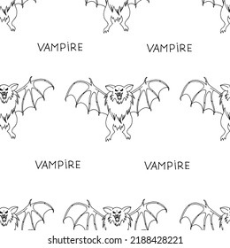 Vector illustration of a halloween background with angry vampire bat with big fangs and claws on the wings with inscription vampire. Halloween concept. Wrapping paper on halloween.