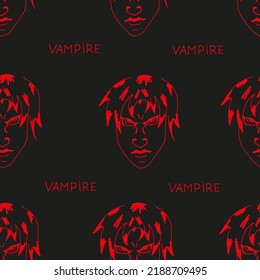 Ilustración vectorial de un fondo de halloween con vampiro enojado dibujando color rojo sobre papel negro con inscripciones vampiro. Concepto de Halloween. Papel envuelto en Halloween.