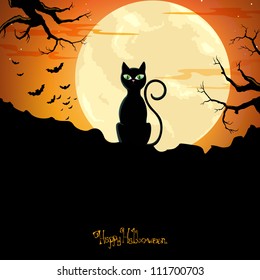 Vector Illustration of a Halloween Background with a Black Cat