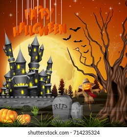 Vector illustration of Halloween background with castle and scarecrow