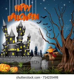 Vector illustration of Halloween background with castle and scarecrow