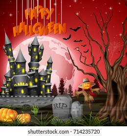 Vector illustration of Halloween background with castle and scarecrow