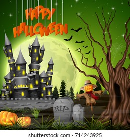 Vector illustration of Halloween background with castle and scarecrow