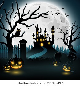 Vector illustration of Halloween background with castle and scary pumpkins