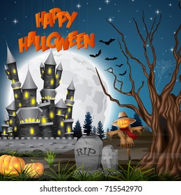 Vector illustration of Halloween background with castle and scarecrow