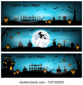 Vector illustration of Halloween background with cemetery, bats and castle