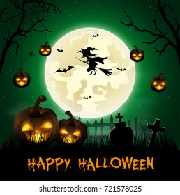 Vector illustration of Halloween background with cemetery and bats